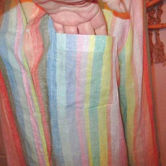 Gap Rainbow Stripe Linen Boyfriend Shirt Size L Button Up Long Sleeves Oversized - Picture 3 of 11